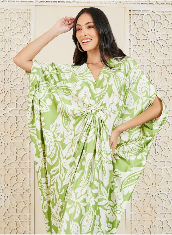 Styli - All Over Print Ring Ruched Batwing Sleeves Sheath Midi Dress - Image 1
