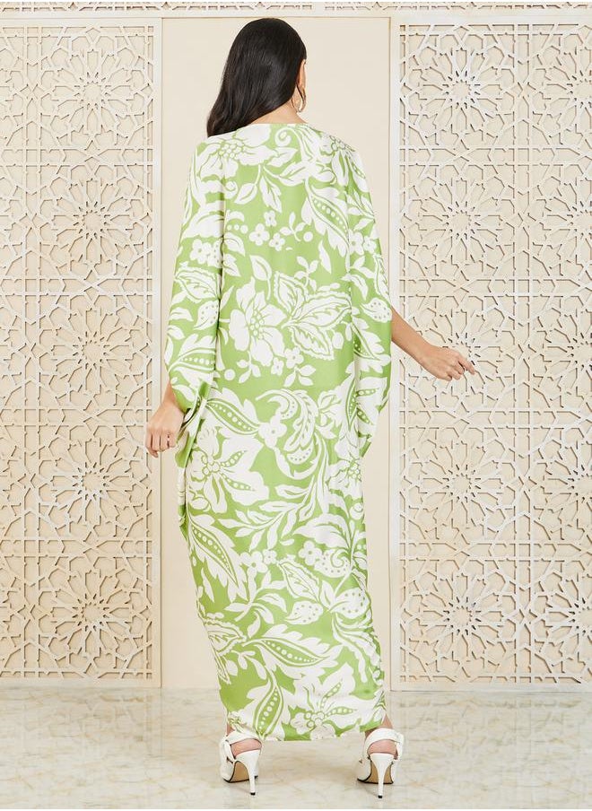 Styli - All Over Print Ring Ruched Batwing Sleeves Sheath Midi Dress - Image 1