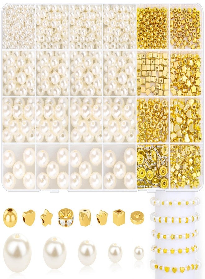 Audab Pearl Beads for Bracelet Making, 970 Pieces Pearl and Gold Spacer Beads for Jewelry Making - Image 1