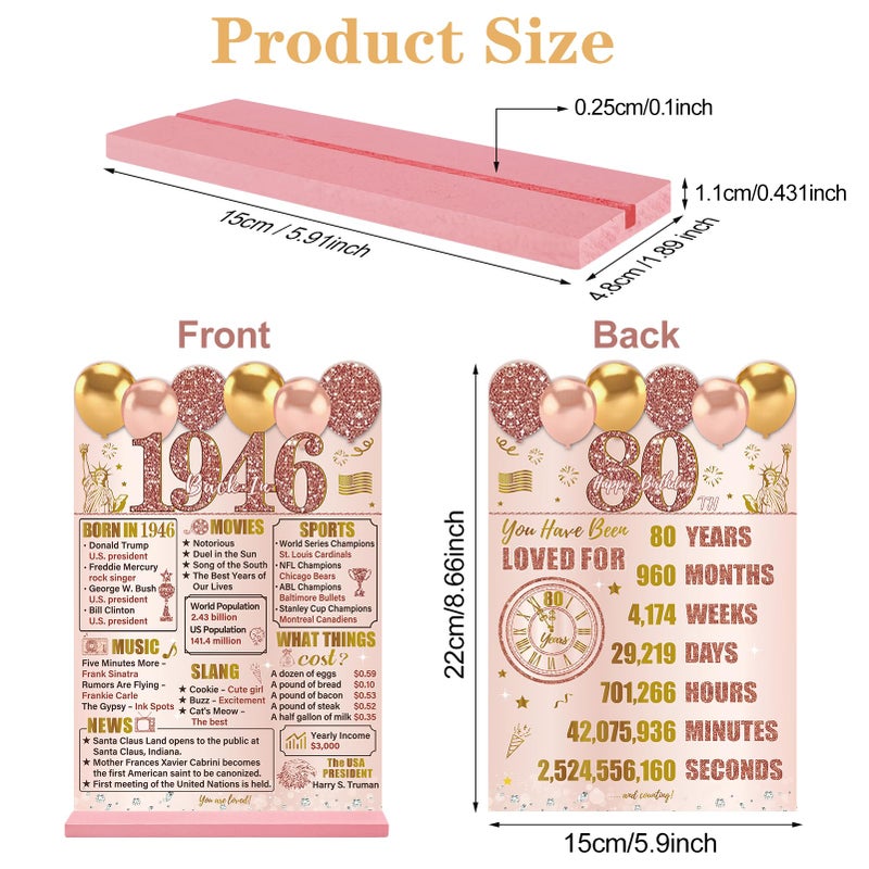 Guiruiy Pink Rose Gold 80th Birthday Decorations for Women, Two-Sided Vintage 80 Back in 1946 Theme Poster Wooden Table Sign with Stand, Eighty Years Old Bday Centerpieces Holder for Table Decor - Image 2