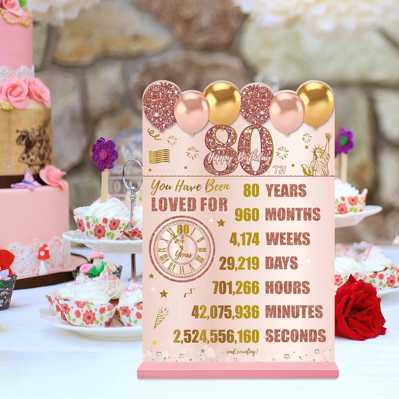 Guiruiy Pink Rose Gold 80th Birthday Decorations for Women, Two-Sided Vintage 80 Back in 1946 Theme Poster Wooden Table Sign with Stand, Eighty Years Old Bday Centerpieces Holder for Table Decor - Image 5