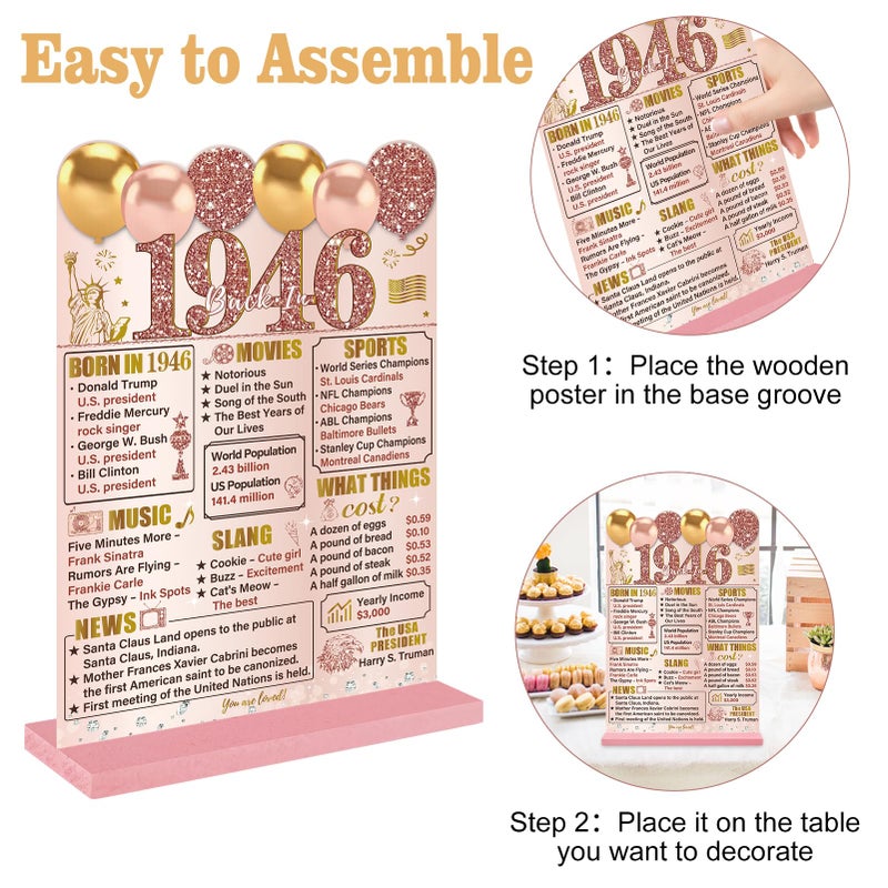 Guiruiy Pink Rose Gold 80th Birthday Decorations for Women, Two-Sided Vintage 80 Back in 1946 Theme Poster Wooden Table Sign with Stand, Eighty Years Old Bday Centerpieces Holder for Table Decor - Image 3