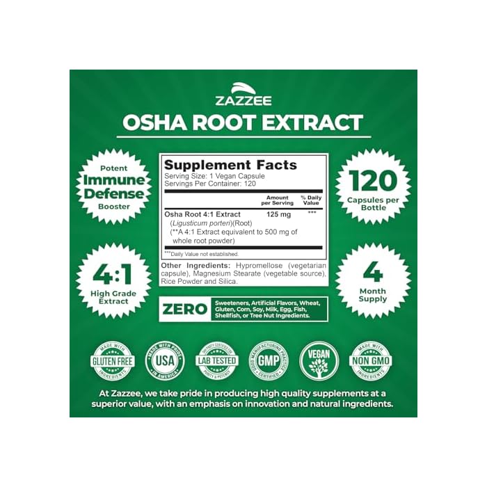 Zazzee OSHA Root 4:1 Extract, 120 Vegan Capsules, 4 Month Supply, Ligusticum Porteri, Botanical & Antioxidant Support, Concentrated & Standardized 4X Herbal Supplement, Non-GMO, Made in the USA - Image 2