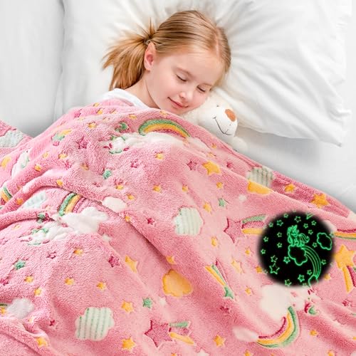 Wajade Rainbow Gifts for Girls Glow in The Dark Rainbow Blanket Birthday Christmas Decor for Kids Age 3 4 5 6 7 8 9 10 11 12 Years Old Teens Child Toddler Throw Pink 50x60 - Image 1