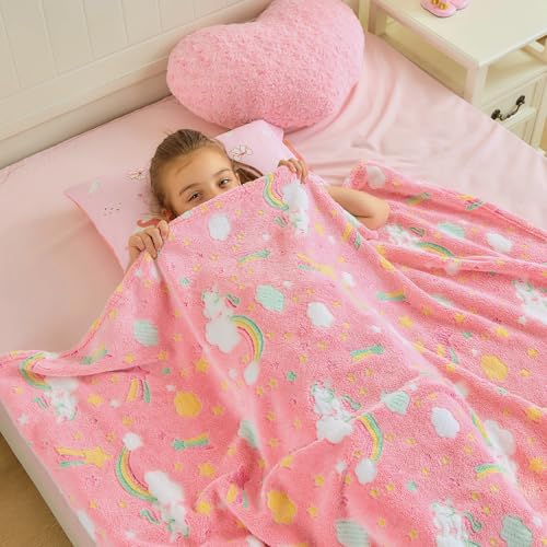 Wajade Rainbow Gifts for Girls Glow in The Dark Rainbow Blanket Birthday Christmas Decor for Kids Age 3 4 5 6 7 8 9 10 11 12 Years Old Teens Child Toddler Throw Pink 50x60 - Image 3
