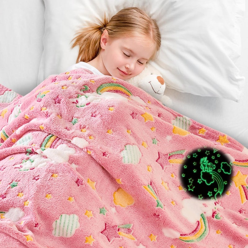 Wajade Rainbow Gifts for Girls Glow in The Dark Rainbow Blanket Birthday Christmas Decor for Kids Age 3 4 5 6 7 8 9 10 11 12 Years Old Teens Child Toddler Throw Pink 50x60 - Image 2