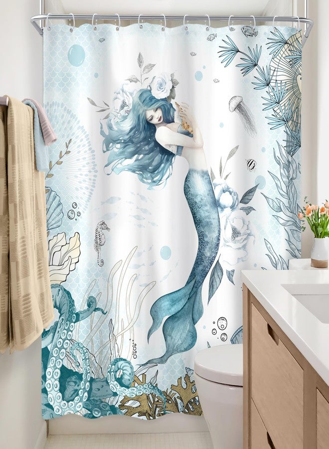 Newsely Mermaid Shower Curtain 60Wx72H Inch Nautical Blue Sea Ocean Octopus Coastal Coral Underwater Fish Seashell Jellyfish Teal Bathroom Set Girls Waterproof Bath Decoration Accessories Home Decor - Image 4