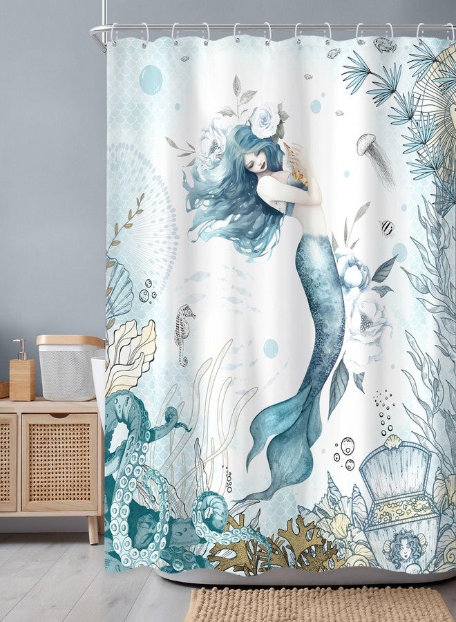 Newsely Mermaid Shower Curtain 60Wx72H Inch Nautical Blue Sea Ocean Octopus Coastal Coral Underwater Fish Seashell Jellyfish Teal Bathroom Set Girls Waterproof Bath Decoration Accessories Home Decor - Image 1