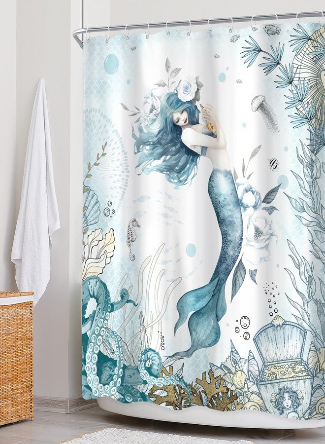 Newsely Mermaid Shower Curtain 60Wx72H Inch Nautical Blue Sea Ocean Octopus Coastal Coral Underwater Fish Seashell Jellyfish Teal Bathroom Set Girls Waterproof Bath Decoration Accessories Home Decor - Image 3