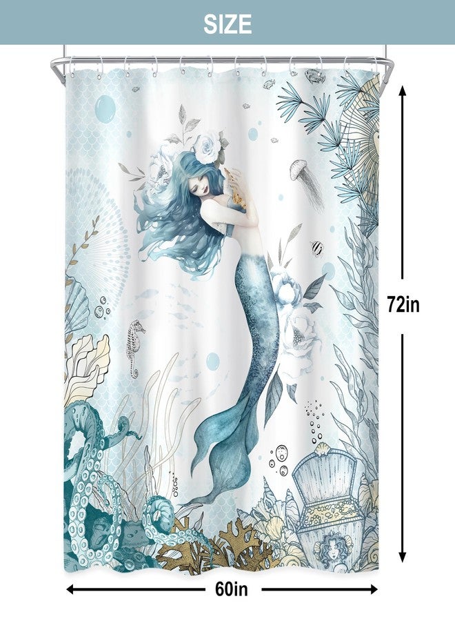 Newsely Mermaid Shower Curtain 60Wx72H Inch Nautical Blue Sea Ocean Octopus Coastal Coral Underwater Fish Seashell Jellyfish Teal Bathroom Set Girls Waterproof Bath Decoration Accessories Home Decor - Image 5