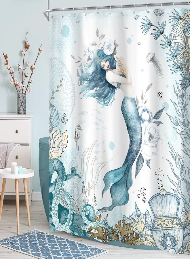Newsely Mermaid Shower Curtain 60Wx72H Inch Nautical Blue Sea Ocean Octopus Coastal Coral Underwater Fish Seashell Jellyfish Teal Bathroom Set Girls Waterproof Bath Decoration Accessories Home Decor - Image 2