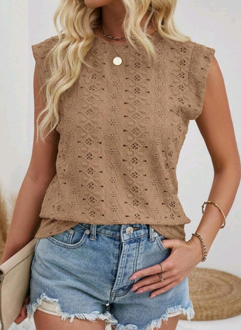 Women's Casual Solid Color Crew Neck sleeveless eyelet blouse, Summer - Image 1
