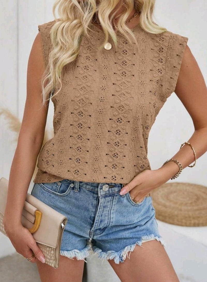 Women's Casual Solid Color Crew Neck sleeveless eyelet blouse, Summer - Image 2