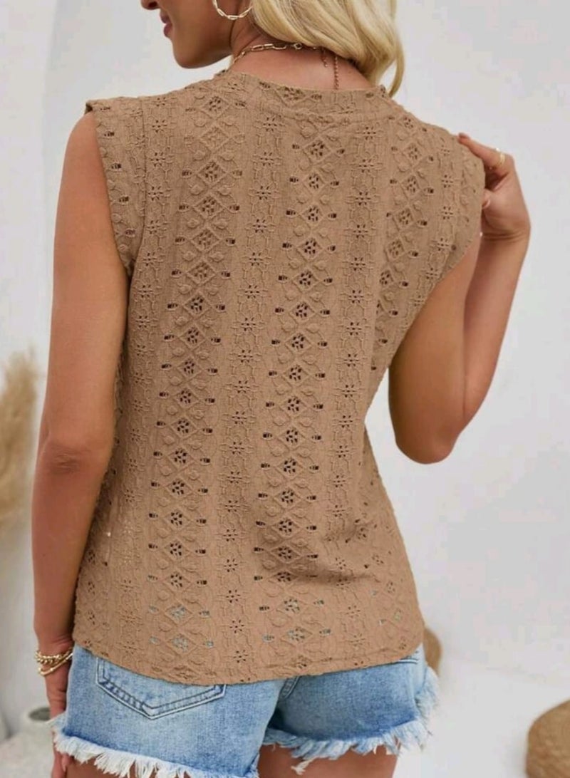 Women's Casual Solid Color Crew Neck sleeveless eyelet blouse, Summer - Image 4