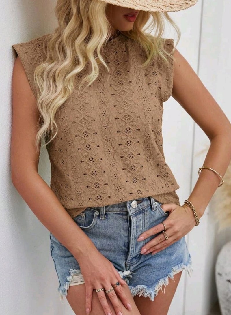 Women's Casual Solid Color Crew Neck sleeveless eyelet blouse, Summer - Image 3