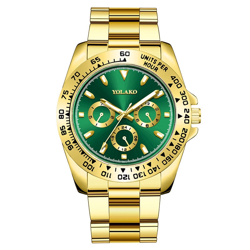 Gold Mens Watch Steel Band Business Quartz Green surface gold shell