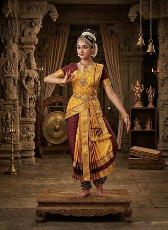 NATYAM Kuchipudi Dance Costume | Imitation Pattu Silk Classical Dress for Girls & Women | Stage Performance Wear (Golden Yellow & Maroon with Gold Accents, 38) - Image 1