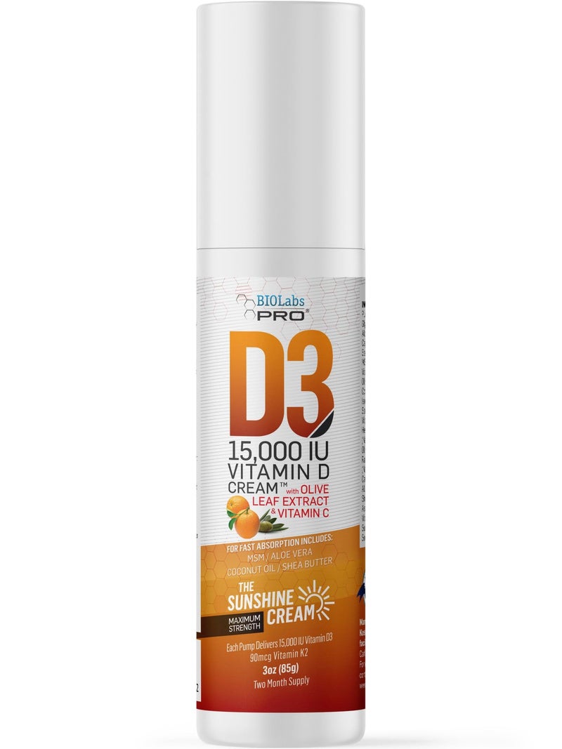 BIOLABS PRO BIOLABS PRO All Natural Vitamin D3 15000IU Vitamin D Cream Maximum Strength Fight Vitamin D Deficiency Naturally with Vitamin K2 Olive Leaf Extract Safe Effective 15000IU 30oz
