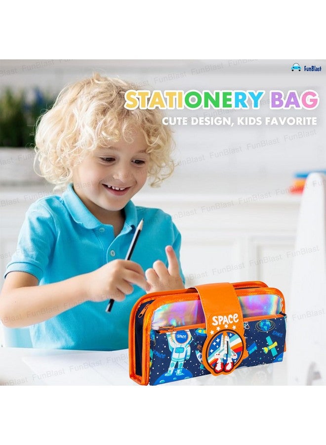 فنبلاست حقيبة أقلام فن بلاست للأولاد - حقيبة أقلام بتصميم فضائي، حقيبة تنظيم أدوات مكتبية متعددة الأغراض بسحاب للمدرسة للأطفال، حقيبة أقلام أنيقة للأولاد، هدية إرجاع للأطفال (فضاء) - Image 2