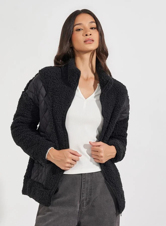 Styli Regular Fit Mixed Fabric Bomber Jacket