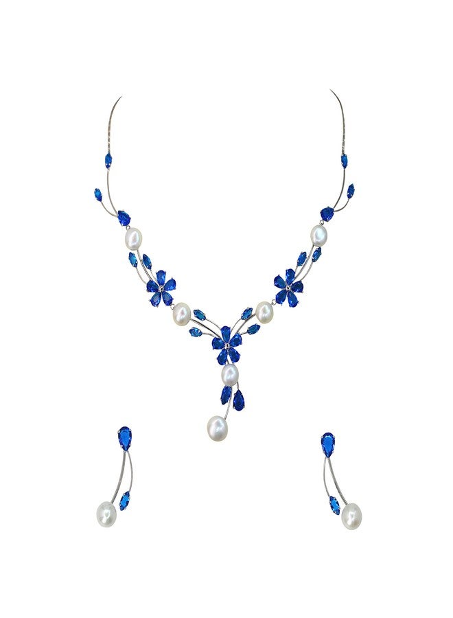 Faship Gorgeous Royal Blue CZ Crystal Genuine Freshwater Pearls Floral Necklace Earrings Set - Royal Blue - Image 1