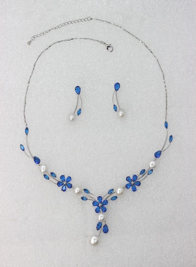 Faship Gorgeous Royal Blue CZ Crystal Genuine Freshwater Pearls Floral Necklace Earrings Set - Royal Blue - Image 2