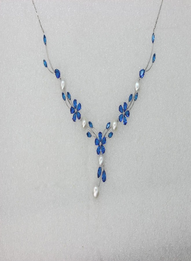 Faship Gorgeous Royal Blue CZ Crystal Genuine Freshwater Pearls Floral Necklace Earrings Set - Royal Blue - Image 3