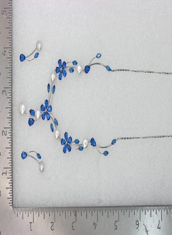 Faship Gorgeous Royal Blue CZ Crystal Genuine Freshwater Pearls Floral Necklace Earrings Set - Royal Blue - Image 5