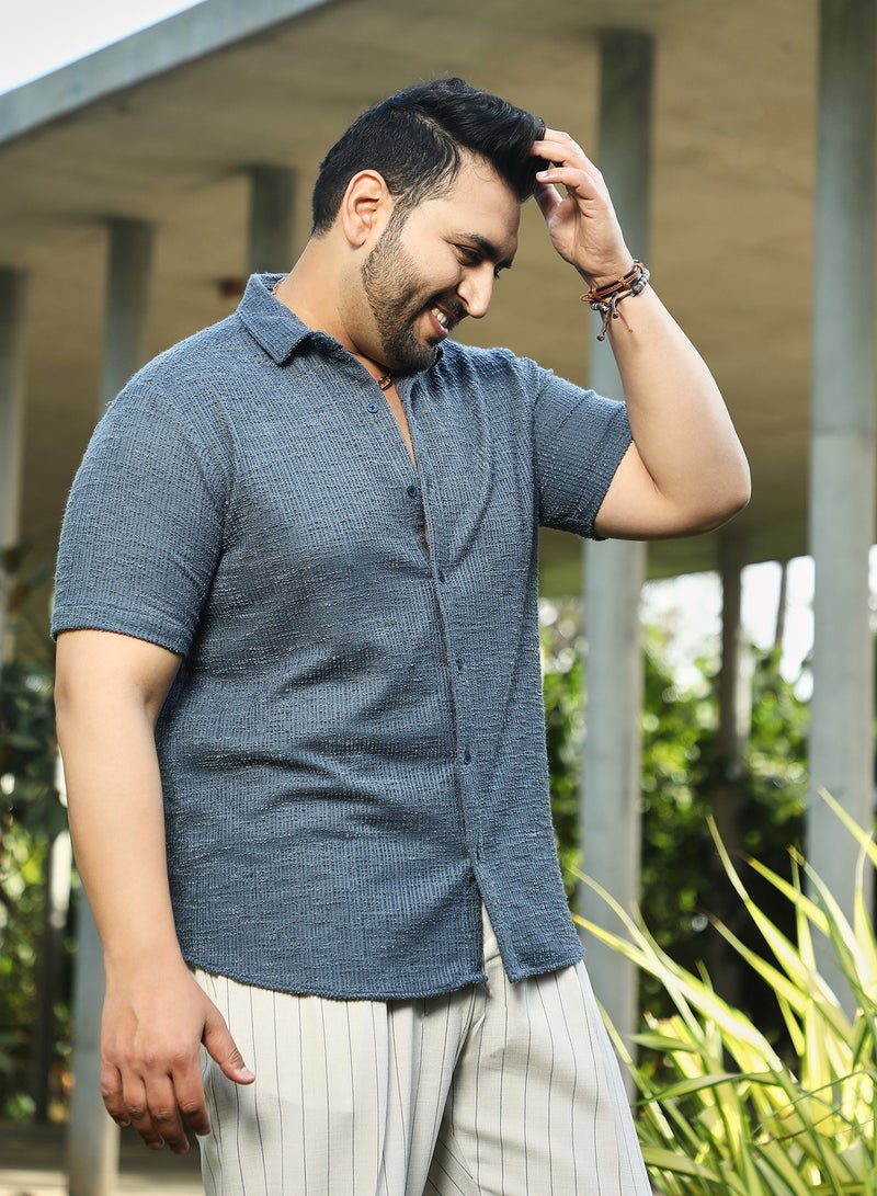 Instafab Plus Men's Prussian Blue Tactile-Resort Shirt For Casual Wear | Spread Collar | Short Regular Sleeves | Button Closure | Plus Size Shirt Crafted With Comfort Fit For Everyday Wear - Image 3