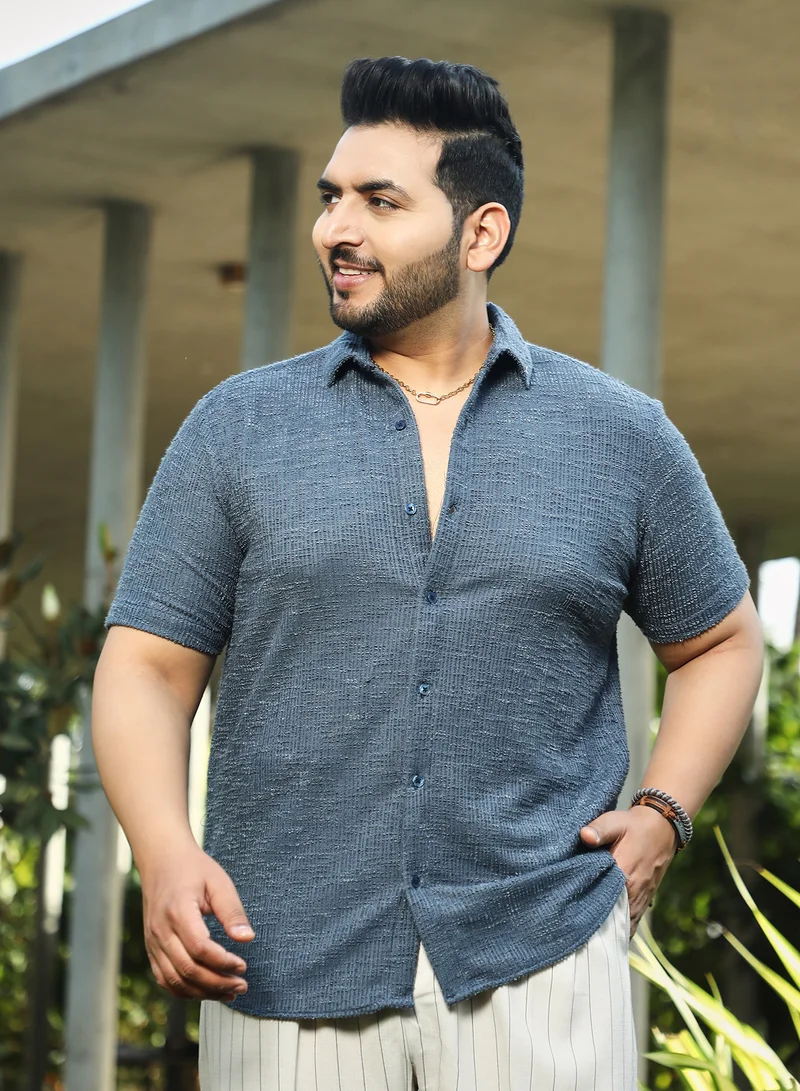 Instafab Plus Instafab Plus Men's Prussian Blue Tactile-Resort Shirt For Casual Wear | Spread Collar | Short Regular Sleeves | Button Closure | Plus Size Shirt Crafted With Comfort Fit For Everyday Wear