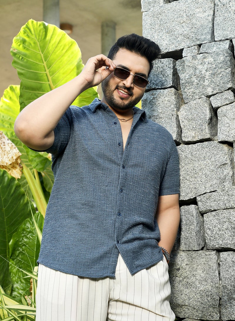 Instafab Plus Men's Prussian Blue Tactile-Resort Shirt For Casual Wear | Spread Collar | Short Regular Sleeves | Button Closure | Plus Size Shirt Crafted With Comfort Fit For Everyday Wear - Image 1