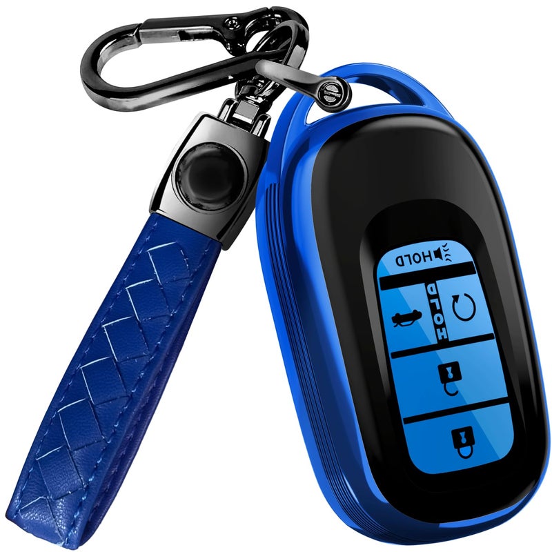 Lucrum Compatible with Honda Key Fob Cover & Leather Keychain - TPU Keyfob Case for Accord Civic CR-V HR-V Pilot Ridgeline, For 5 Button Remote (2022-2026) - Blue and Black - Image 1