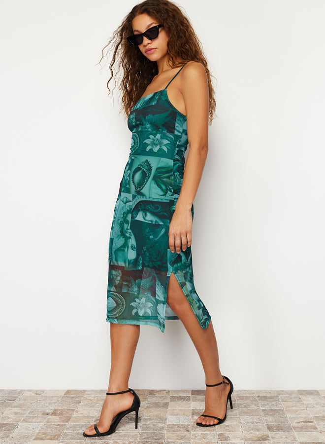 trendyol Emerald Green Strap Fitted Square Neck Tulle Stretchy Knitted Midi Pencil Dress - Image 1