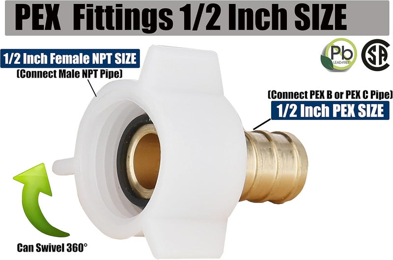 WHK Pex Adapters 1/2 inch X 1/2 inch Plastic Tubing Fittings Pipe Female NPT Swivel adapter Brass Crimp Fitting - LEAD FREE(10Packs) - Image 2