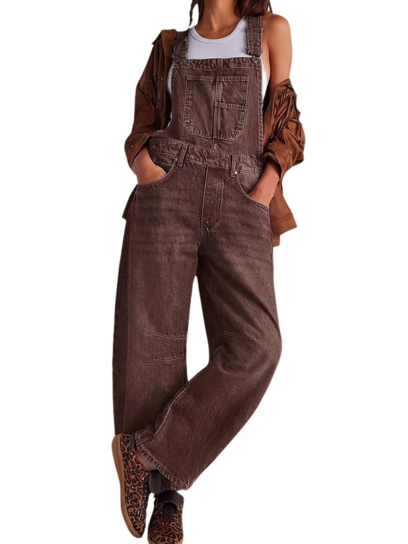 utcoco Womens Denim Overalls Loose Fit Barrel Leg Adjustable Strap Hip Hop Jean Jumpsuits (Medium, Chocolate) - Image 1