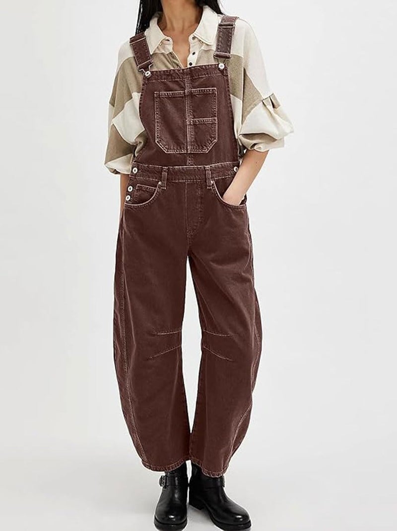 utcoco Womens Denim Overalls Loose Fit Barrel Leg Adjustable Strap Hip Hop Jean Jumpsuits (Medium, Chocolate) - Image 3
