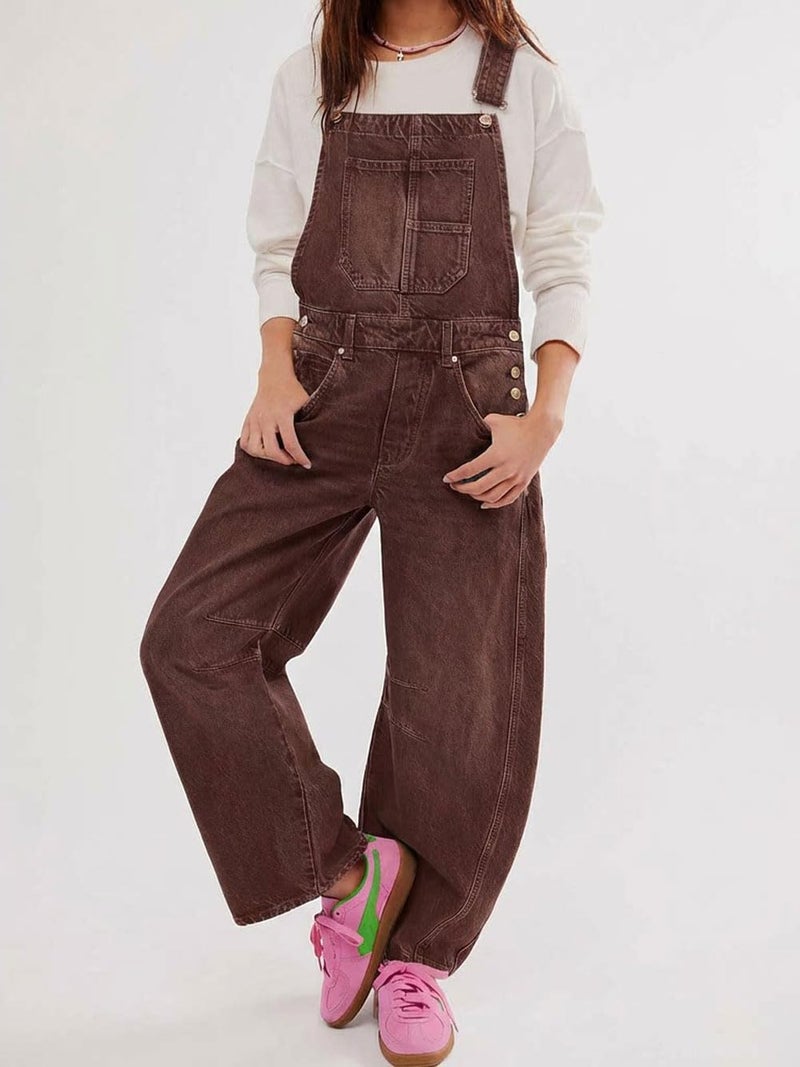 utcoco Womens Denim Overalls Loose Fit Barrel Leg Adjustable Strap Hip Hop Jean Jumpsuits (Medium, Chocolate) - Image 2
