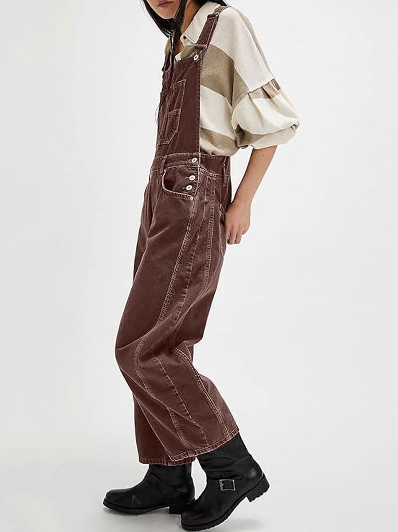utcoco Womens Denim Overalls Loose Fit Barrel Leg Adjustable Strap Hip Hop Jean Jumpsuits (Medium, Chocolate) - Image 4