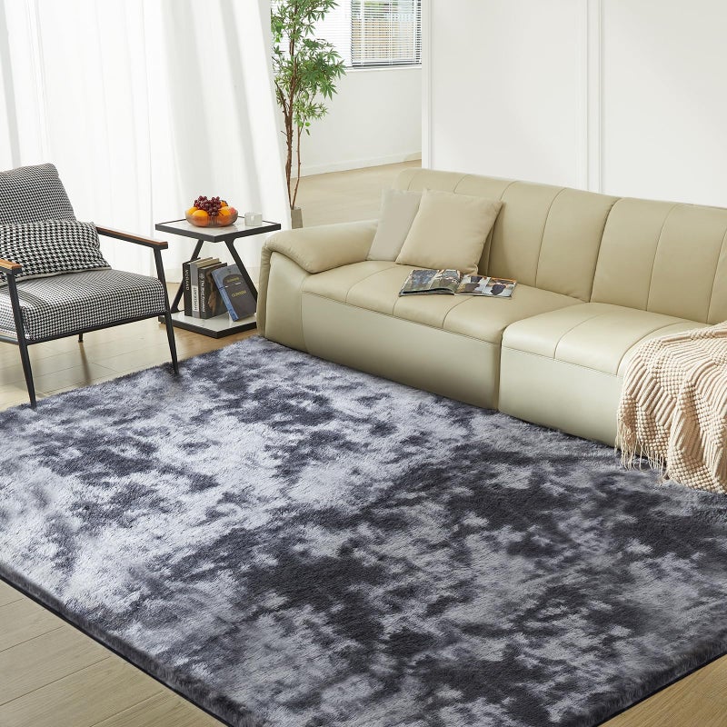 Fairblink Ultra Soft Rug for Living Room, 4X6 Fluffy Shag Area Rug for Bedroom, Modern Shaggy Carpets Fuzzy Rug for Teens Dorm Nursery Home Decor Aesthetic, Upgrade Anti-Skid Durable, Tie Dye Black and Grey - Image 1