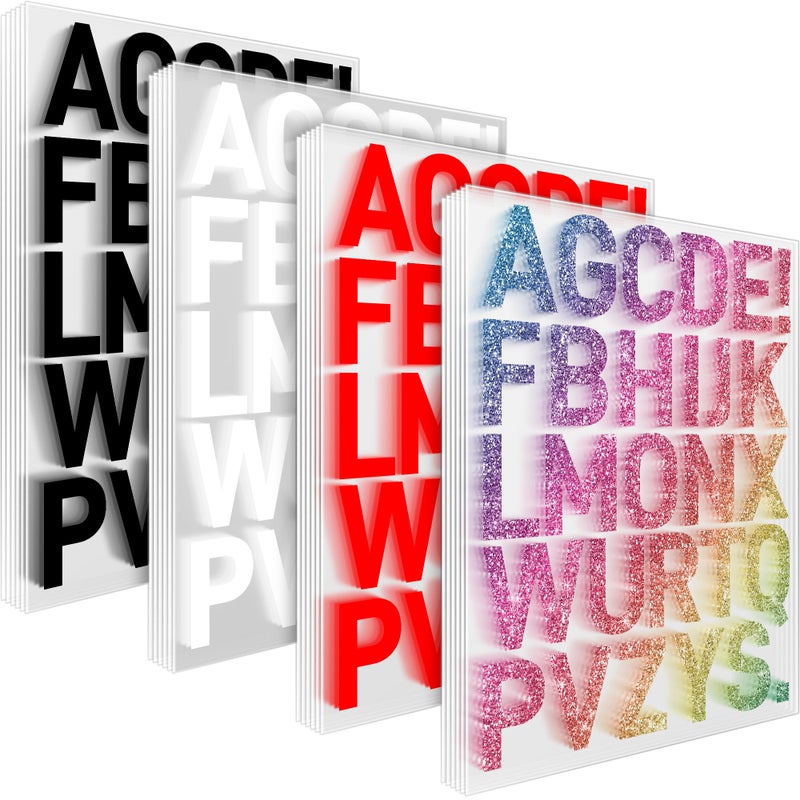 Flowing Fun 24 ورقة حروف ملصقة للملابس من الفينيل القابل للحرارة لحروف ملصقة لقمصان DIY تشمل حروف حمراء وبيضاء وسوداء وملونة