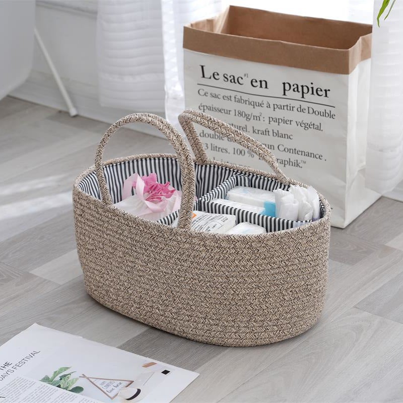 Original White Hand Cotton Rope Woven Baby Diaper Basket Toy Storage Basket Storage Box Tassel Portable Basket Removable(Grey White Three-Strand Braid, Oval 36*22 * H18) - Image 4