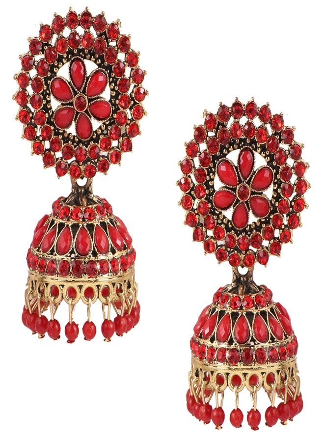 Keviv Red Traditonal Ethnic Studded Gold Platted Big Oxxidize Dome Shaped Jhumka Jhumki Earrings For Women & Girls - Image 1