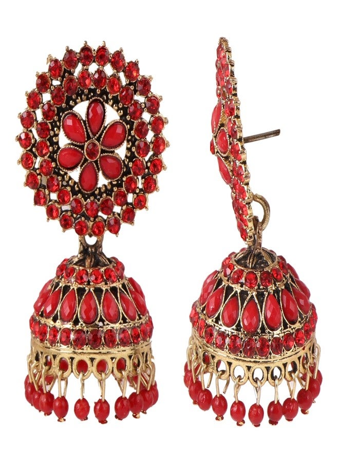 Keviv Red Traditonal Ethnic Studded Gold Platted Big Oxxidize Dome Shaped Jhumka Jhumki Earrings For Women & Girls - Image 4