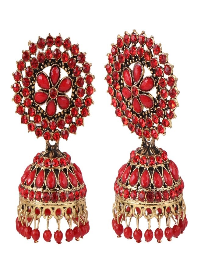 Keviv Red Traditonal Ethnic Studded Gold Platted Big Oxxidize Dome Shaped Jhumka Jhumki Earrings For Women & Girls - Image 3