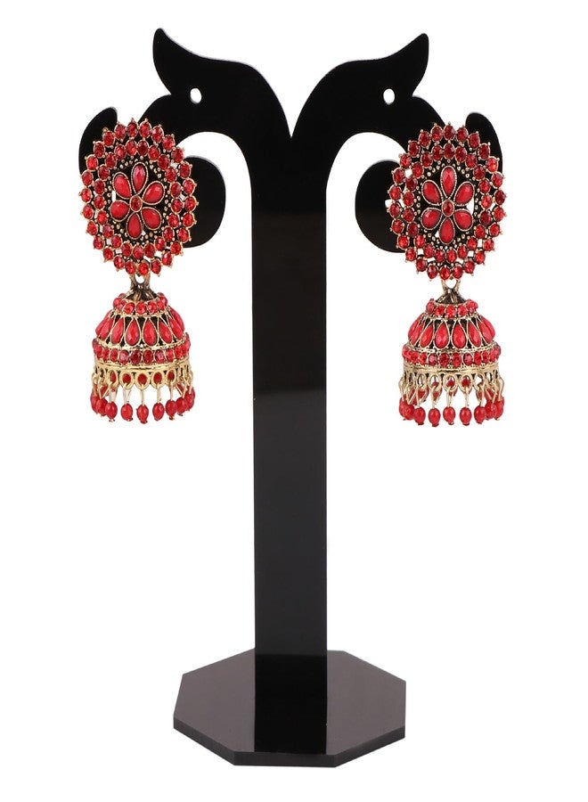 Keviv Red Traditonal Ethnic Studded Gold Platted Big Oxxidize Dome Shaped Jhumka Jhumki Earrings For Women & Girls - Image 5