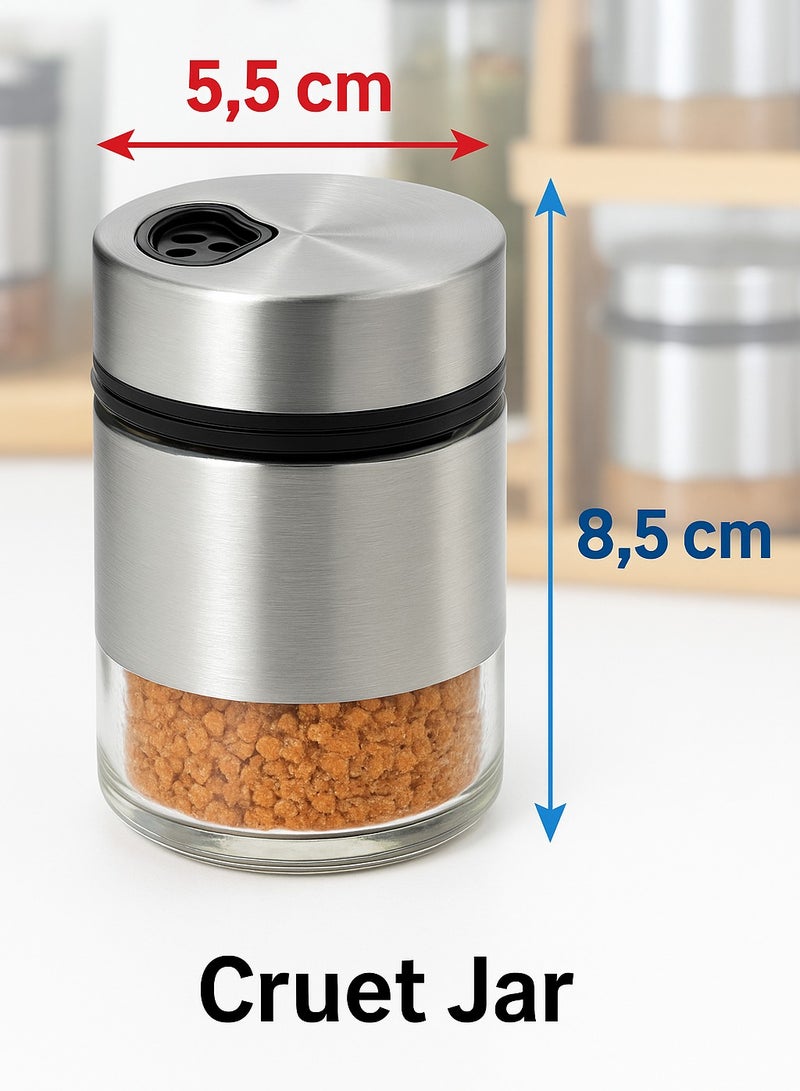 Earss Premium 9-Piece Spice Jar Set with Wooden Rack – 3 Glass Canisters, 4 Cruet Jars, 2 Oil Bottles with SS Coating – Airtight Lids, Modern Stainless Steel Design for Kitchen Storage & Organization - Image 4