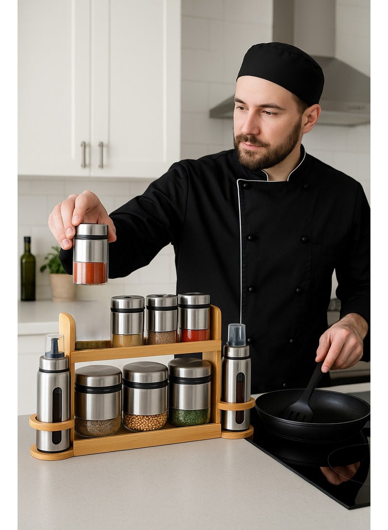 Earss Premium 9-Piece Spice Jar Set with Wooden Rack – 3 Glass Canisters, 4 Cruet Jars, 2 Oil Bottles with SS Coating – Airtight Lids, Modern Stainless Steel Design for Kitchen Storage & Organization - Image 2