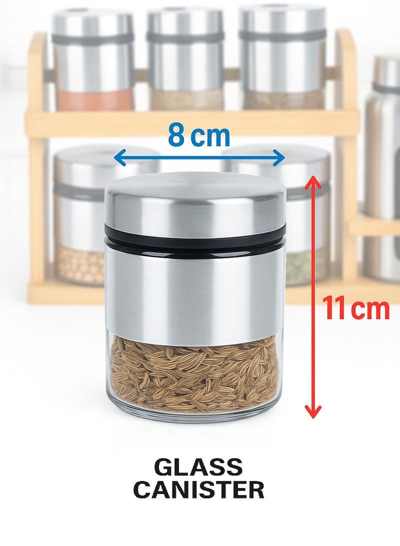 Earss Premium 9-Piece Spice Jar Set with Wooden Rack – 3 Glass Canisters, 4 Cruet Jars, 2 Oil Bottles with SS Coating – Airtight Lids, Modern Stainless Steel Design for Kitchen Storage & Organization - Image 3