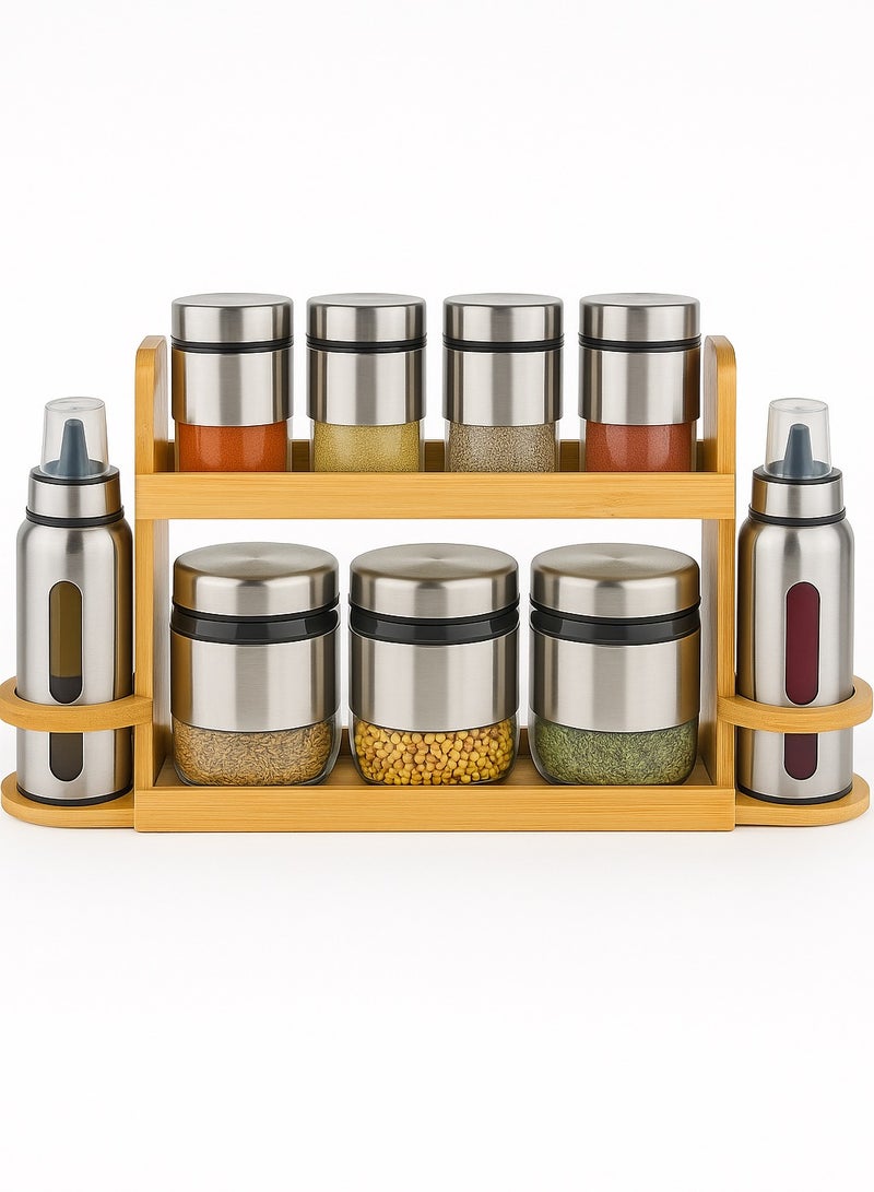 Earss Premium 9-Piece Spice Jar Set with Wooden Rack – 3 Glass Canisters, 4 Cruet Jars, 2 Oil Bottles with SS Coating – Airtight Lids, Modern Stainless Steel Design for Kitchen Storage & Organization - Image 1