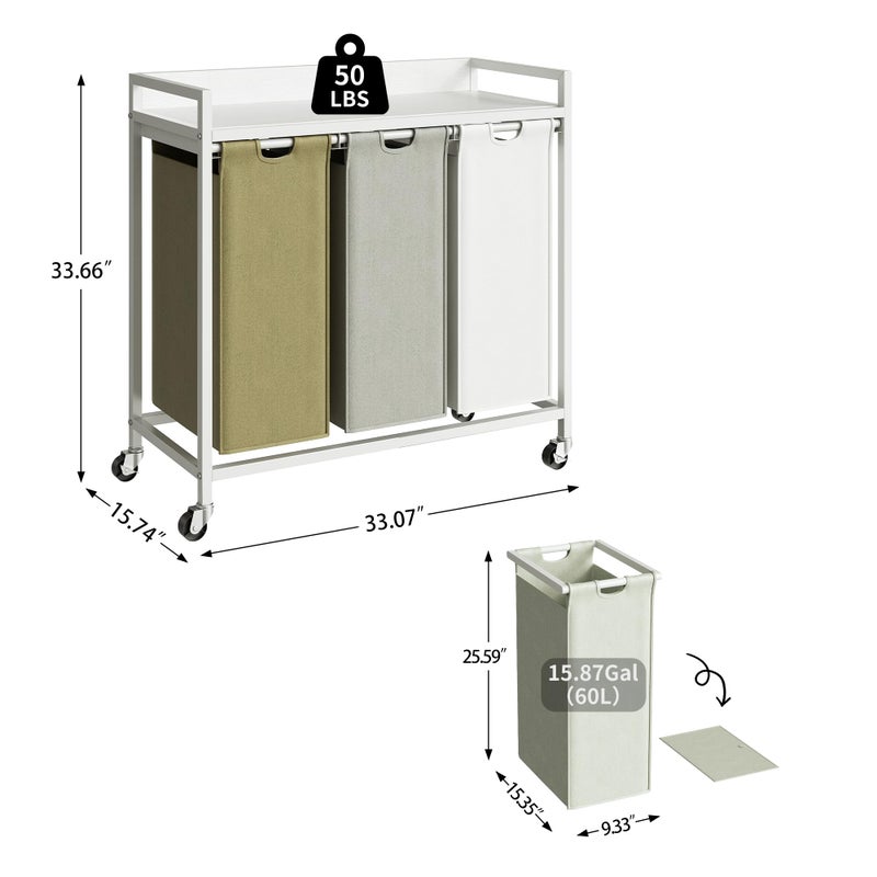Herture Laundry Hampers with Shelf, Laundry Basket 3 Section, Laundry Sorter with Pull-Out Removable Large 3 Color Bags and Movable Wheels, Metal Frame, 3 x 15.87 Gallons (60L), White PF04XLE - Image 4